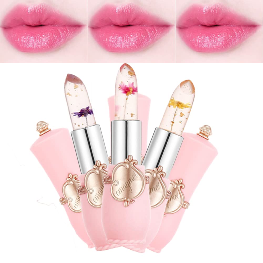 Pakivs 3Pcs Crystal Flower Jelly Lipstick SetMagic Temperature Color Change Lip Gloss Long Lasting Clear Nutritious Moisturizer Lip Balm (Pink) (flower lipstick)